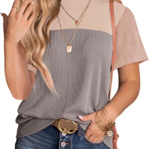 Dokotoo Womens Color Block Fashion Short Sleeve Crewneck Knitted Spring Summer Casual Loose T Shirts Tops